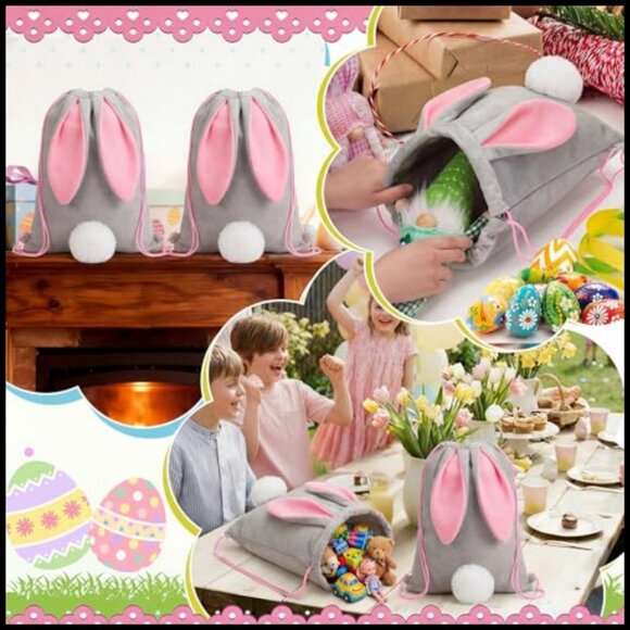 Large Velvet Easter Bunny Drawstring Backpack Reusable Treat Bag with Ears and
